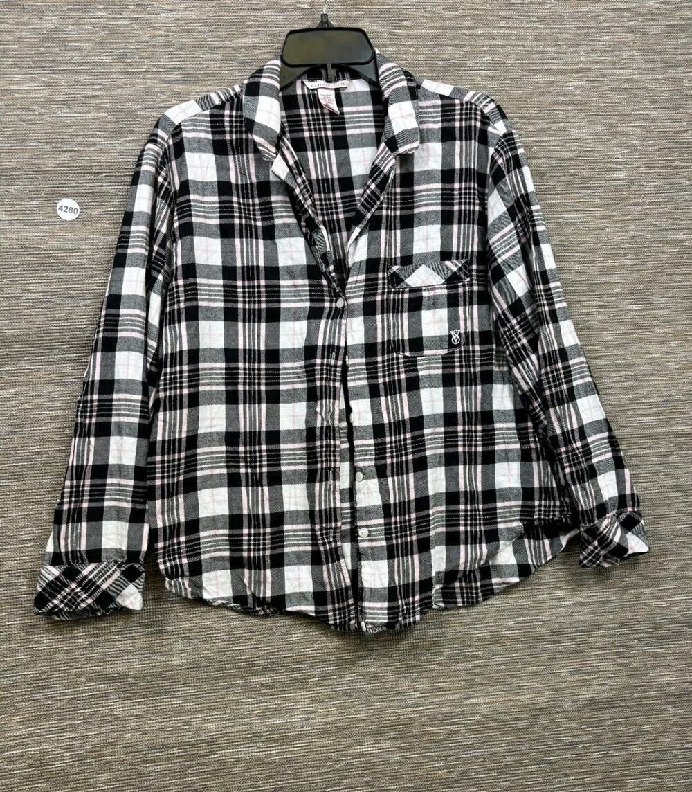 Victoria’s Secret Plaid Flannel Button-Up Shirt Size M Long Sleeve Black Pink